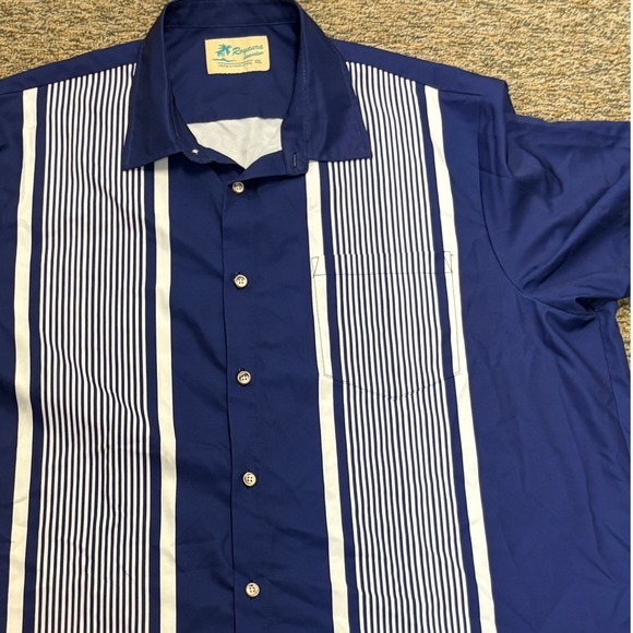 Royaura Hawaiian Men's XXL Blue Striped Button Down Shirt Short Sleeve - Picture 2 of 5
